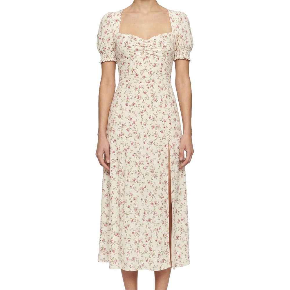 Reformation Lacey Midi Dress Boheme Splatter Floral Pink Cream 0